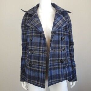Vintage Y2K Aeropostale Blue Plaid Wool Pea Coat